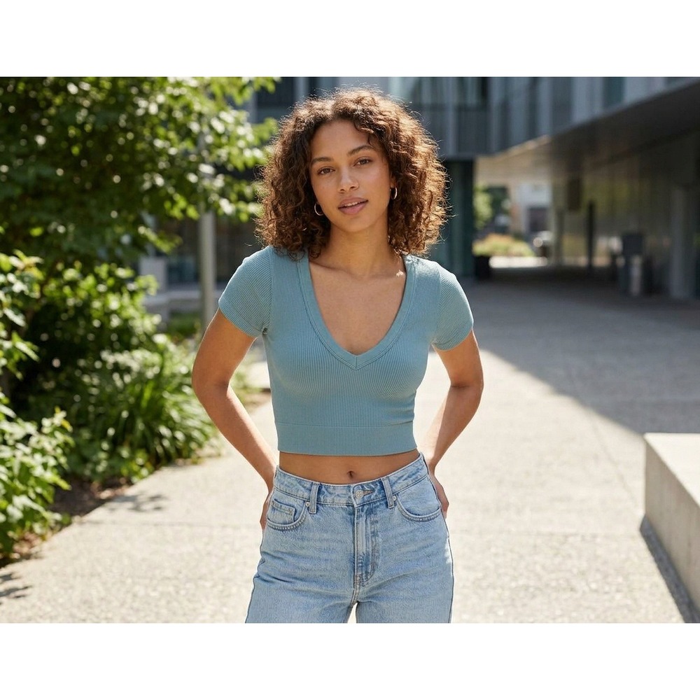 Garage V-Neck Ribbed Crop Top Womens Large Blue Short Sleeve 100081533 Basic